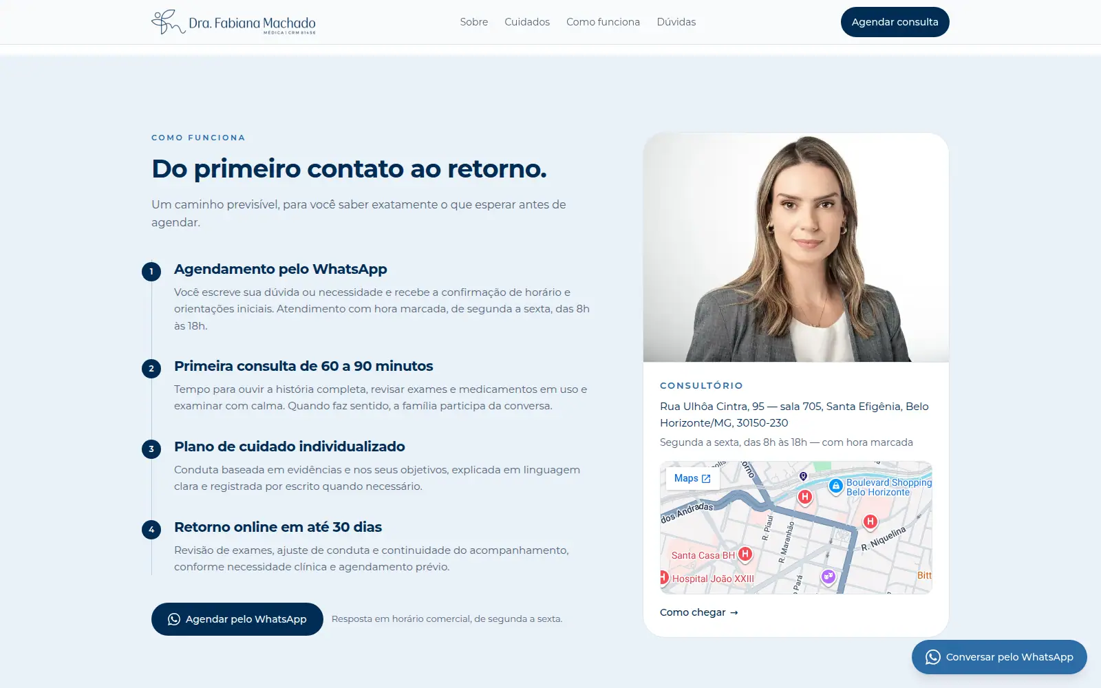 Do primeiro contato ao retorno, com o consultório e o mapa ao lado.